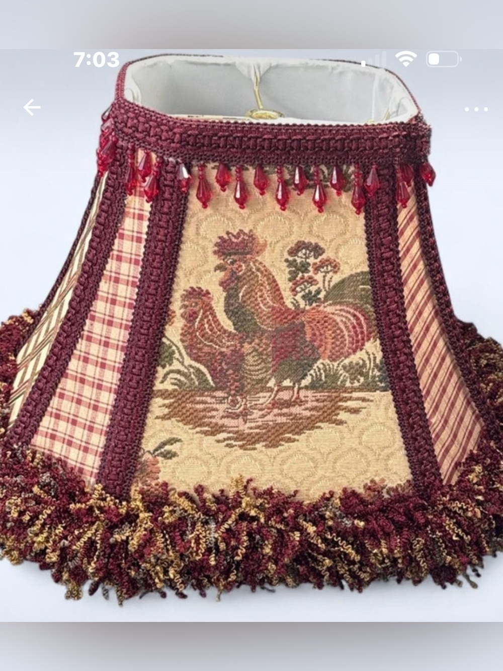 French Country Rooster Hen Cottagecore Toile Fabric Lamp Shade Frayed Fringe